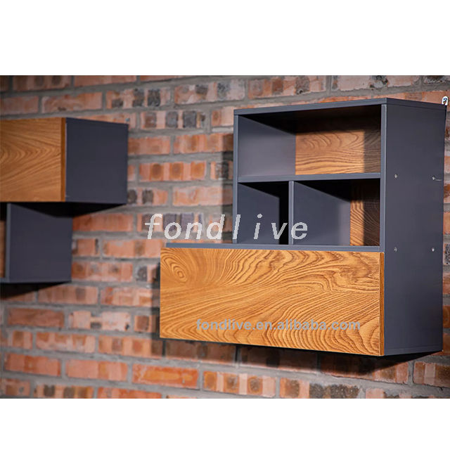 Neues Design aus Holz 2 Wandregale Wohnzimmermöbel Holzschrank modernes TV-Ständer-Set